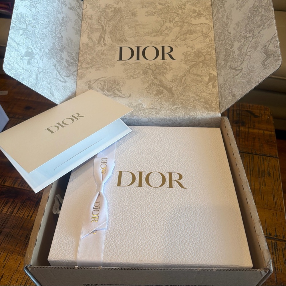 Dior White and Gold Box with Ribbon/ tissue/ card  mailing reversible brown box